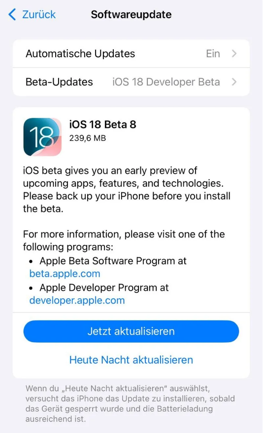 玉龙苹果手机维修分享苹果 iOS / iPadOS 18 开发者预览版 Beta 8 发布 